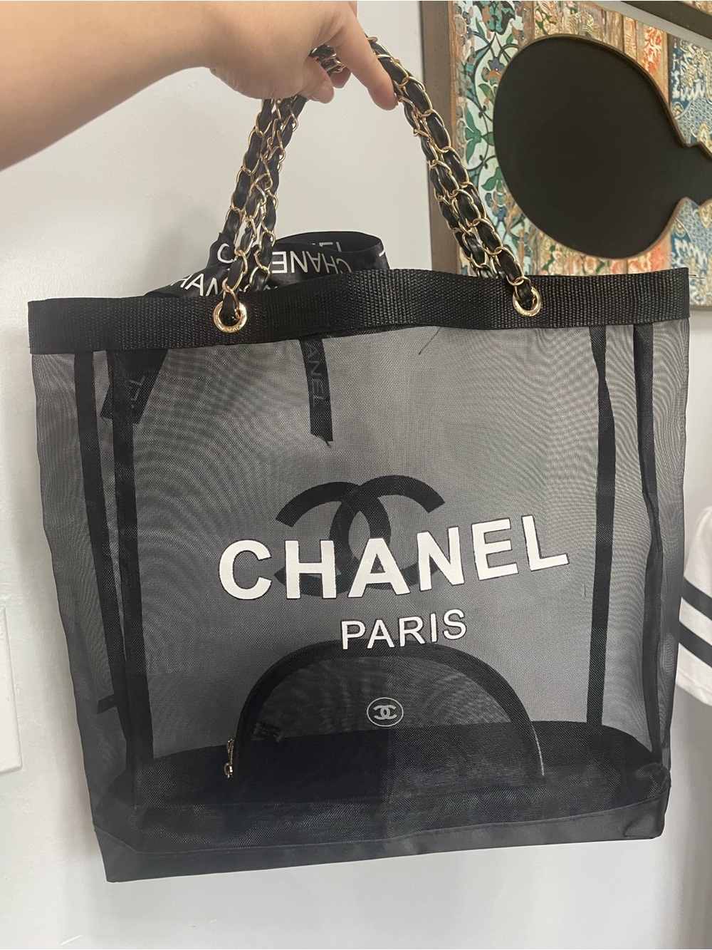 CHANEL Black Mesh CC Logo Tote with Gold Chain Handles